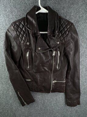 Allsaints Leather Jacket Brown Women Size 4 Zip Pockets Grunge Catch Biker